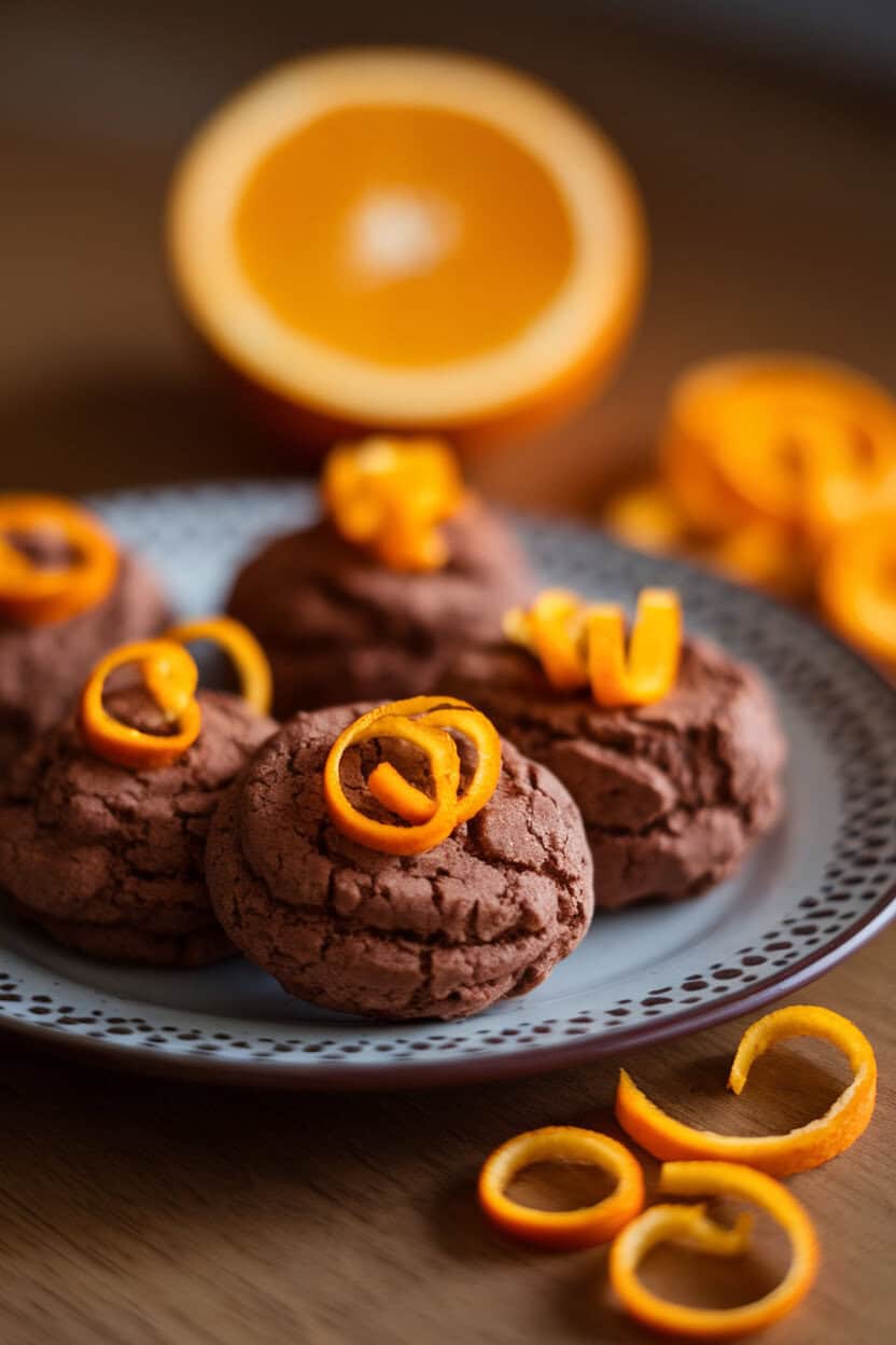 Indoor plate featuring cocoa-colored cookies with orange zest curls on top, half a sliced orange blurred in background, no branding.