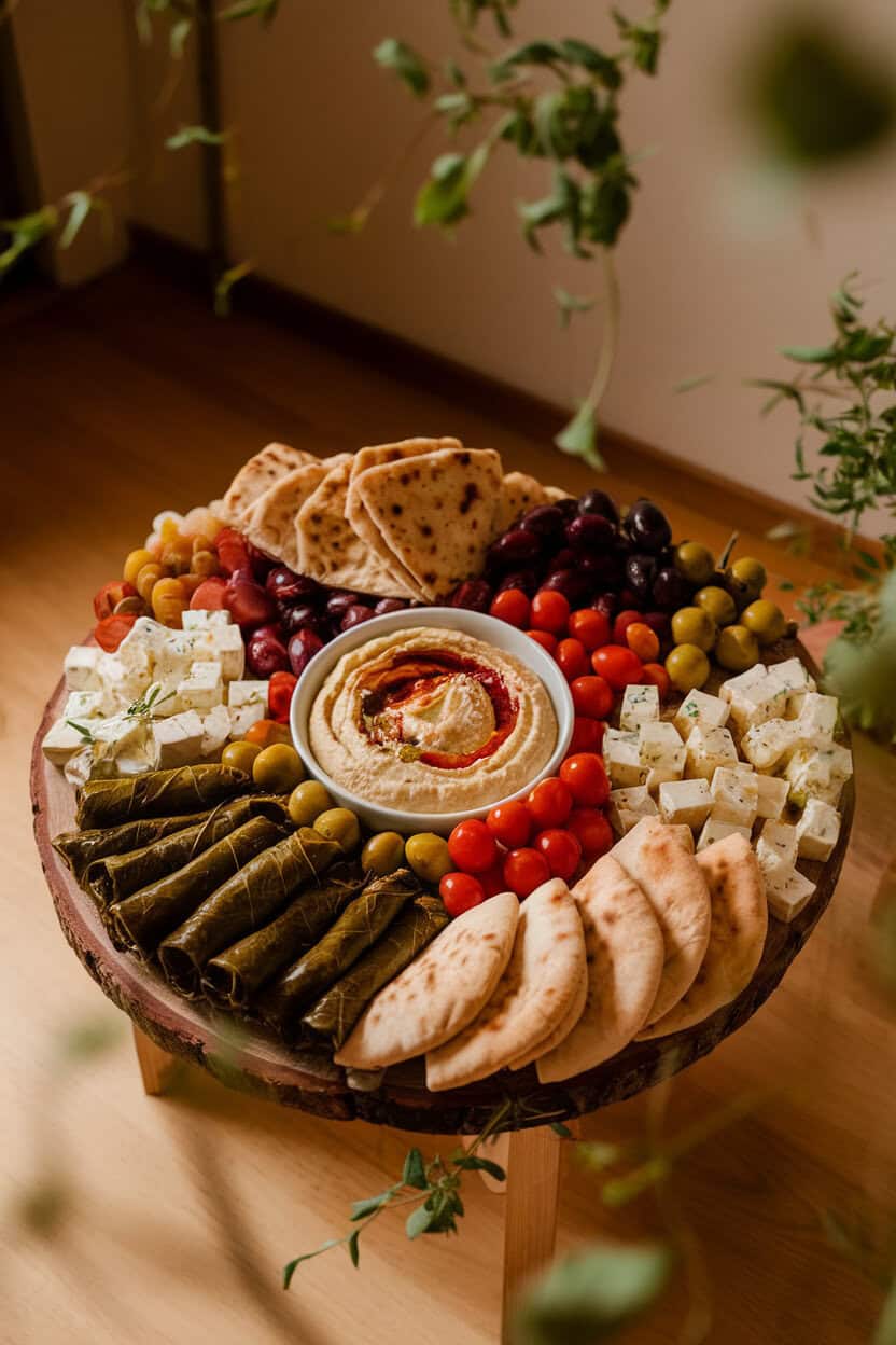 Photo of a board indoors featuring hummus swirled in a bowl, stuffed grape leaves, feta cubes, olives, cherry tomatoes, and pita wedges, warm overhead lighting, no logos.
