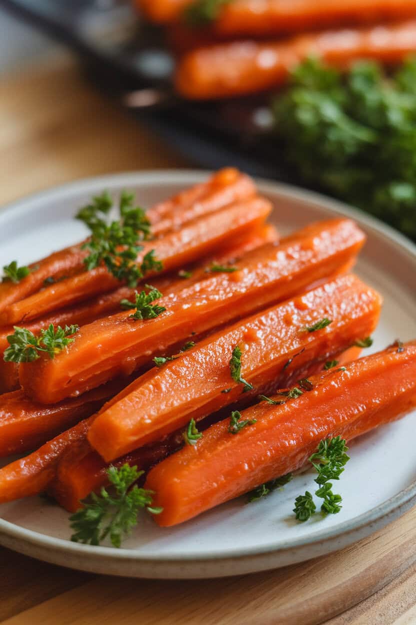 An indoor close-up of tender maple-glazed carrot sticks sprinkled with parsley on a simple plate. No text or logos. Photo, not illustration.