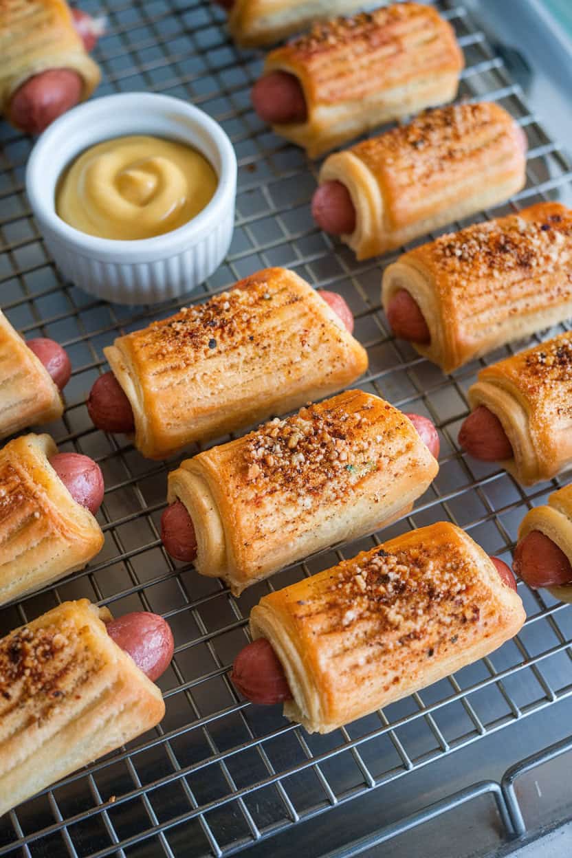 Photo of a baking rack indoors with mini hot dogs wrapped in golden pastry, sprinkled with everything bagel seasoning; ramekin of mustard nearby, no text or logos