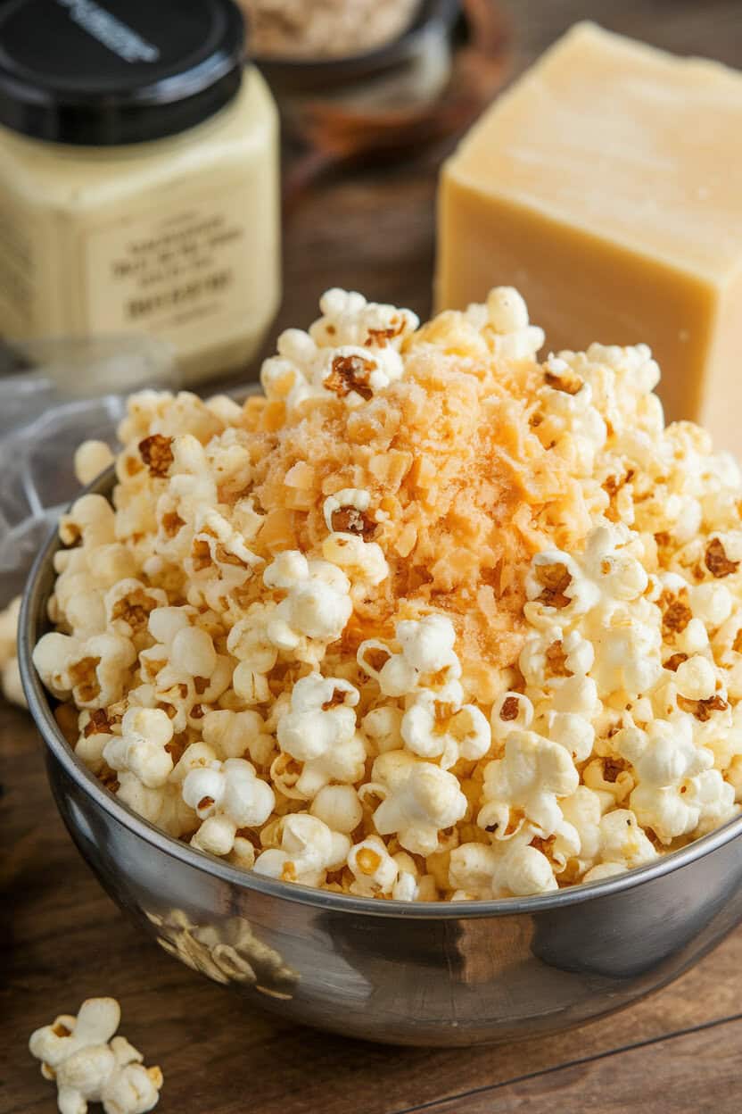 A metal bowl indoors brimming with popcorn lightly coated in truffle butter and grated Parmesan. No text or logos.