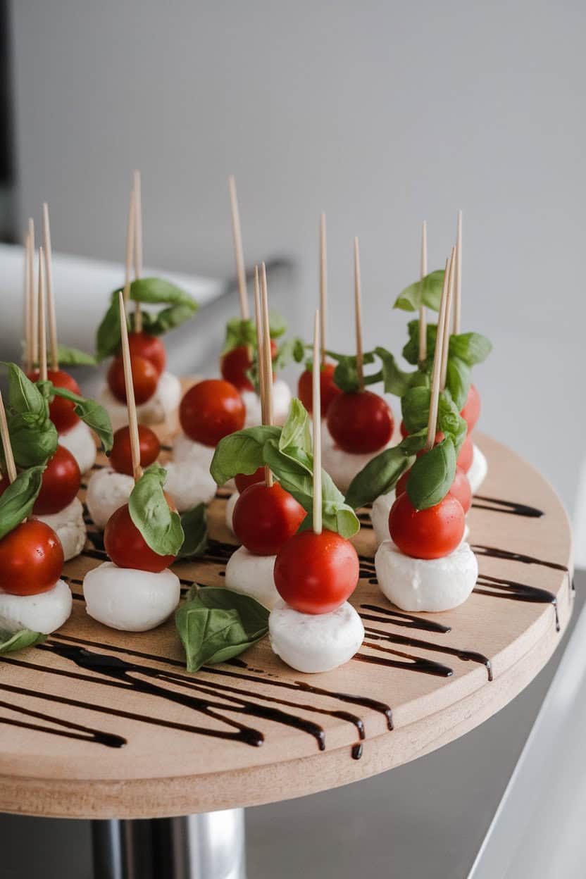 Indoor serving board holding cocktail picks threaded with cherry tomatoes, mini mozzarella balls, and basil leaves, drizzled with balsamic glaze, no text or logos, photo style