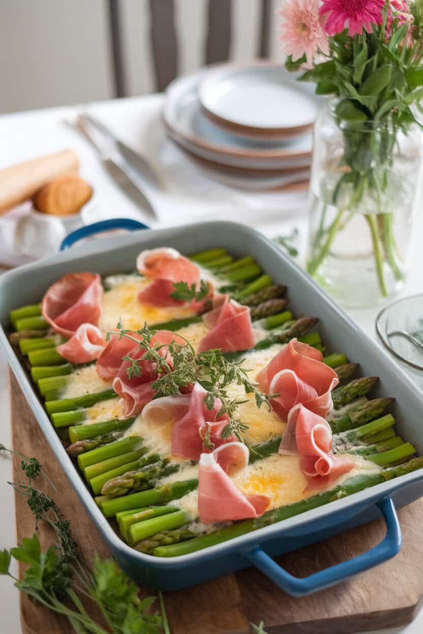 Indoor spring brunch scene showcasing a casserole with bright asparagus spears, ribbons of prosciutto, and bubbling Fontina cheese. No text or logos. Photo.
