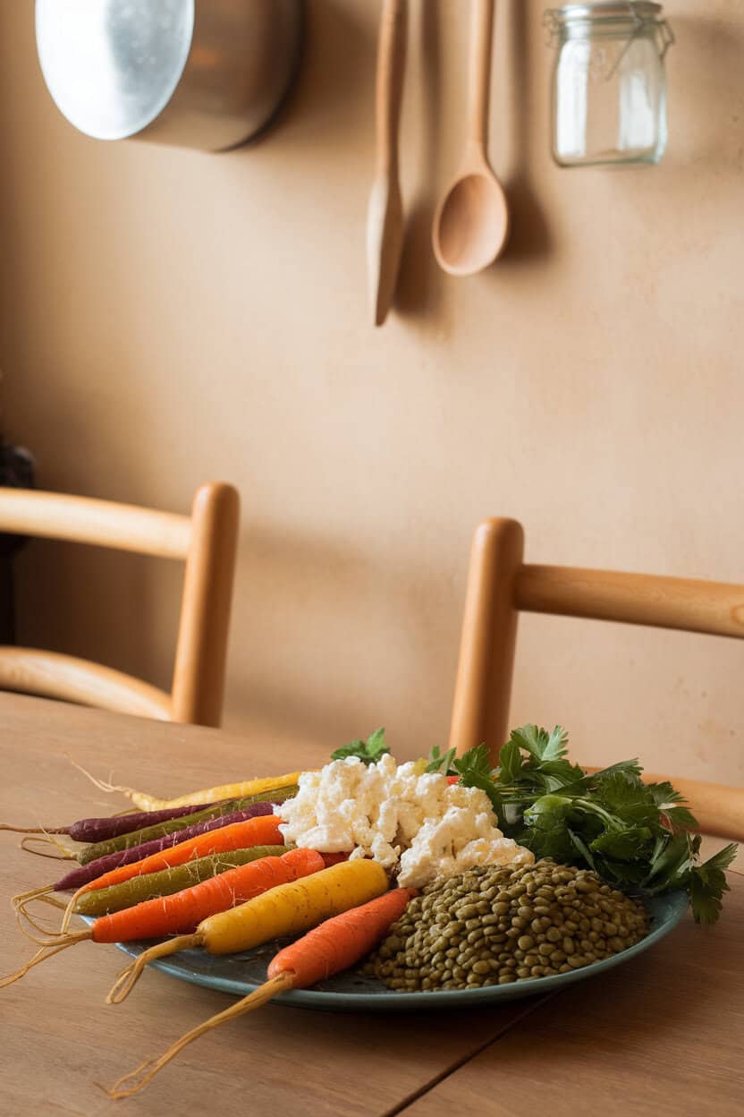 A warmly lit indoor setting featuring a platter of roasted rainbow carrots alongside green lentils, garnished with crumbled feta and parsley. No text or logos. Photo.