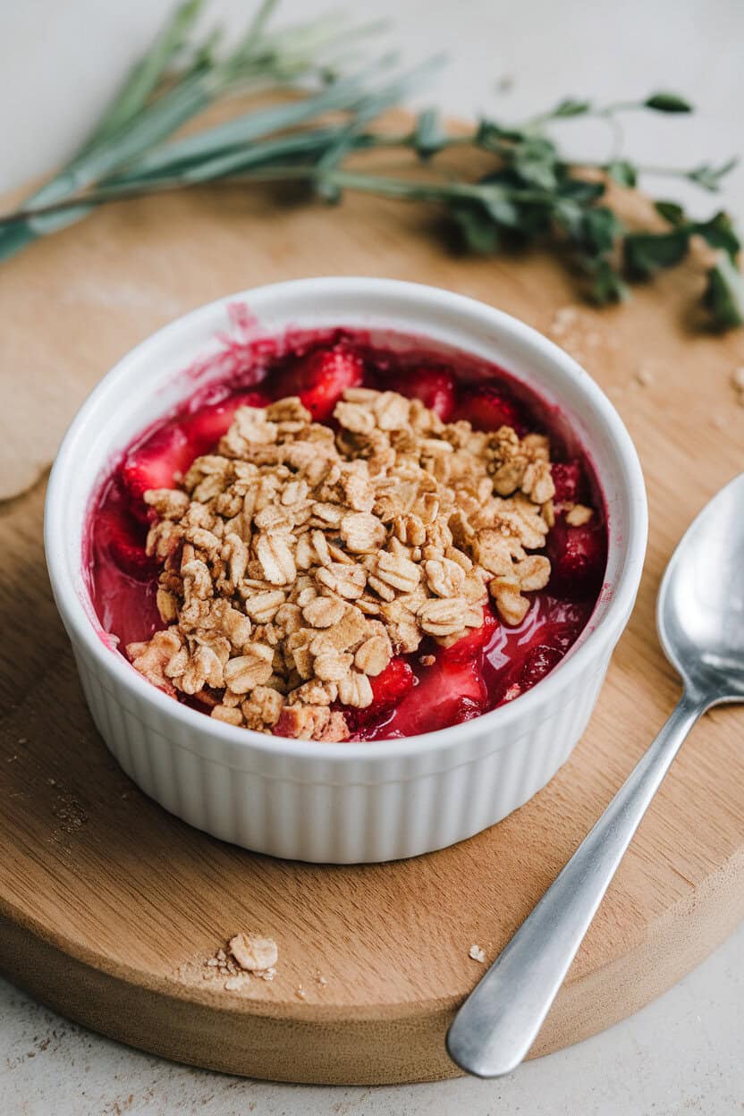 Indoor dessert ramekin bubbling with ruby red rhubarb and strawberry filling beneath a golden oat crumble, a spoon resting nearby. No text or logos anywhere.