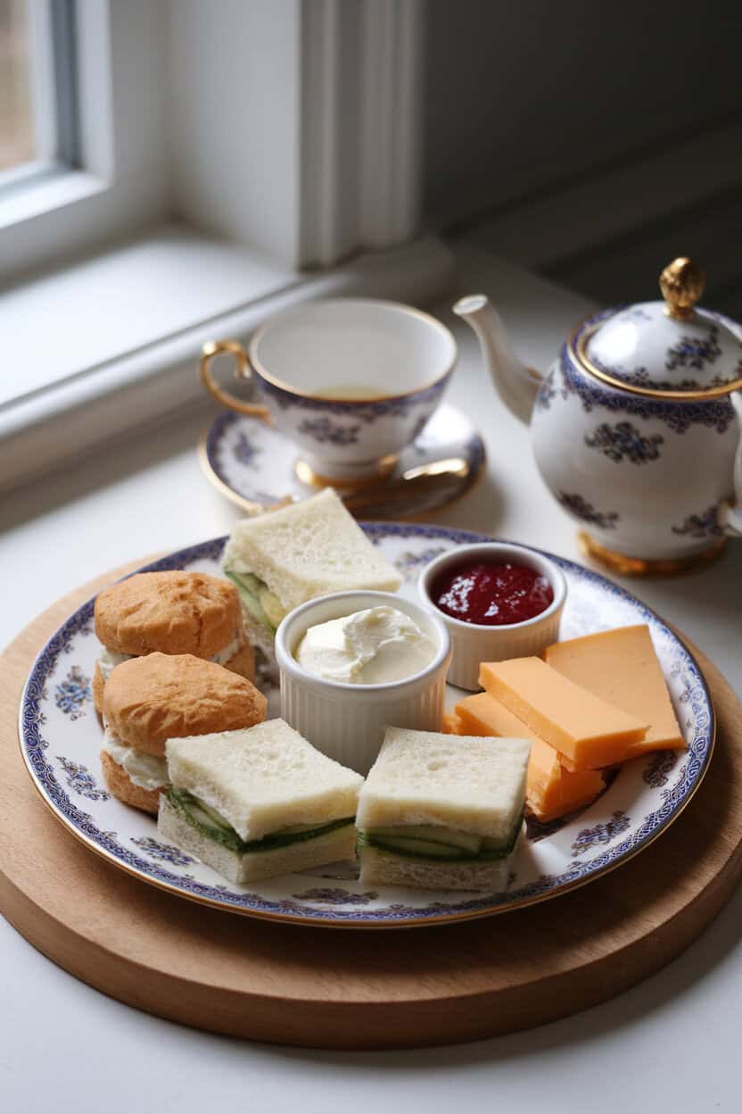 Indoor photo of a fine porcelain platter with cucumber sandwiches, mini scones, clotted cream ramekin, strawberry jam, and mild white cheddar, gentle morning light, logo-free.