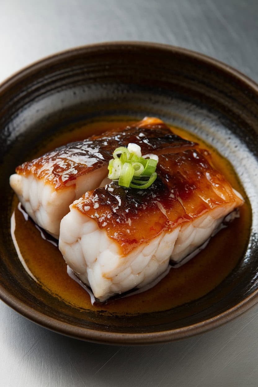 An indoor plate with a piece of cooked black cod lacquered in a caramelized miso glaze, flakes gently separating, served on a dark ceramic dish. No text or logos.