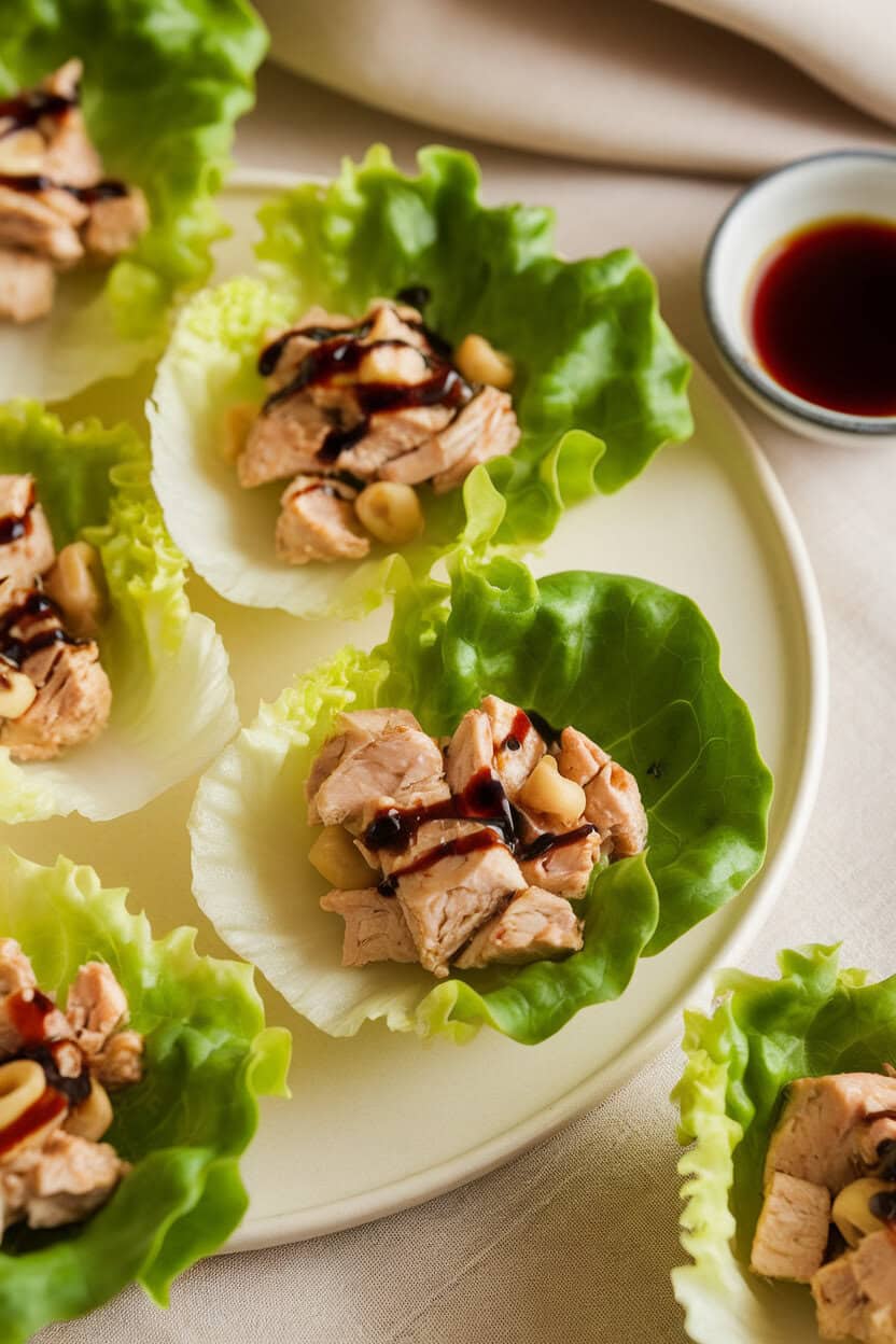 A softly lit indoor tabletop showing crisp lettuce cups filled with cooked, diced chicken, water chestnuts, and a soy-ginger glaze. Photo only, no text or logos visible.