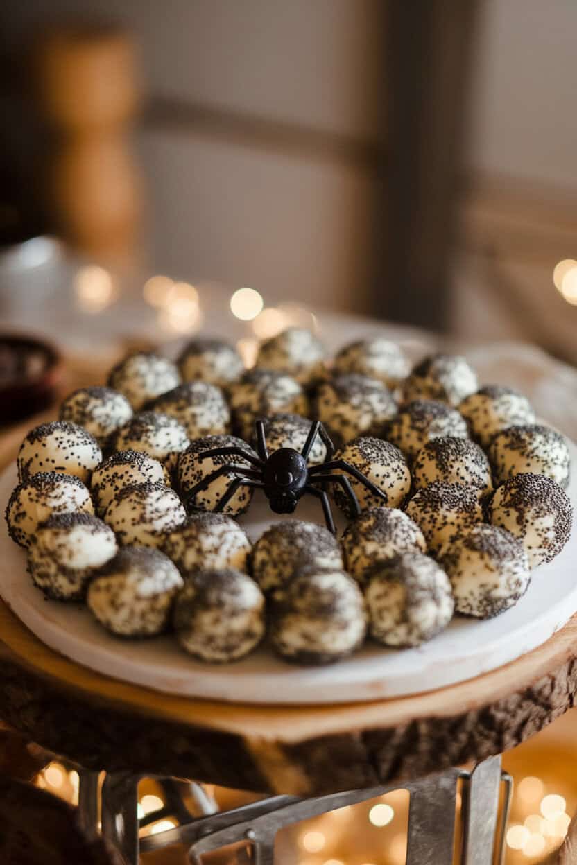 Photo, not illustration — indoor cheese platter featuring mini goat cheese balls rolled in black poppy seeds, ringed by tiny plastic spider accents; soft party lighting, no text or logos