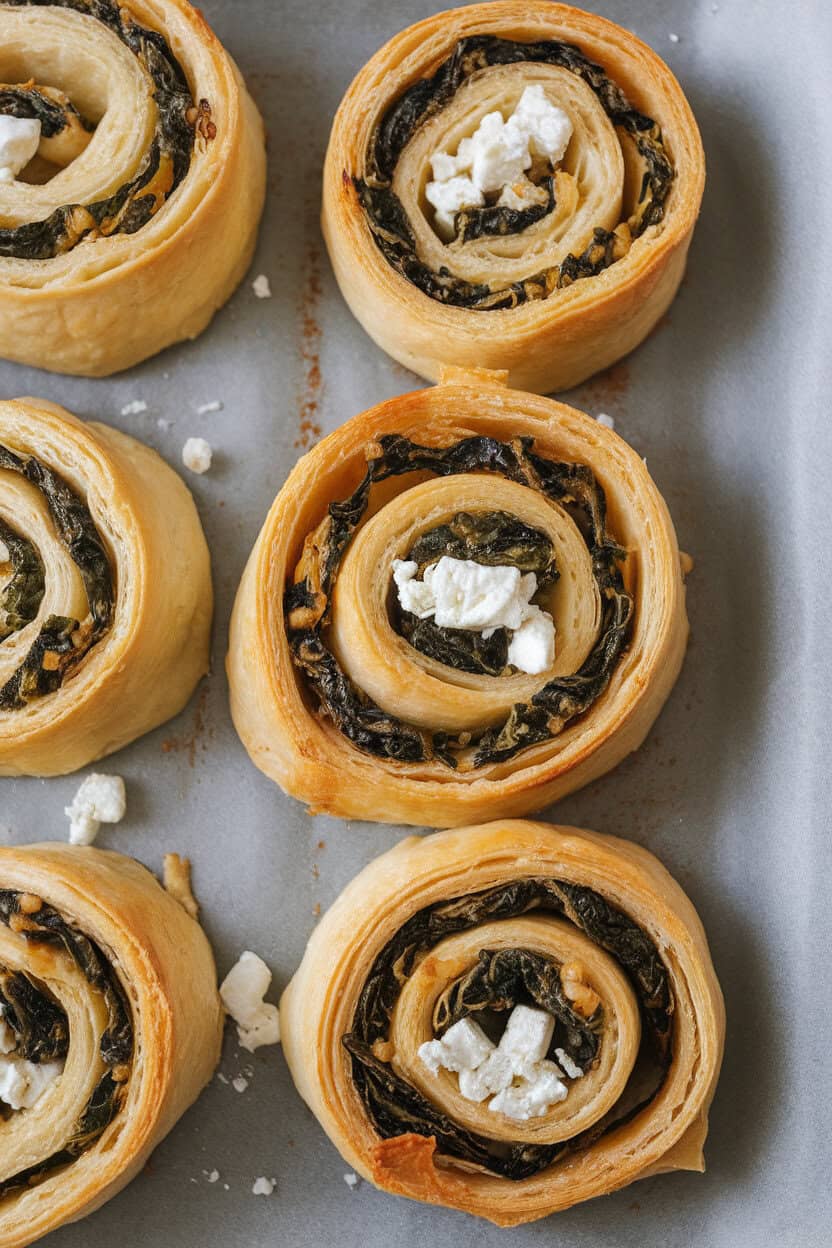 An indoor baking sheet holding golden puff pastry spirals with visible spinach and feta swirls, parchment beneath. No logos. Photo, not illustration.