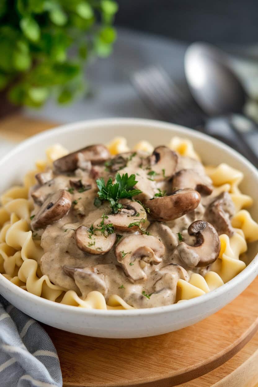 A bowl of creamy mushroom stroganoff over egg noodles, parsley garnish, indoor scene, no text or logos.