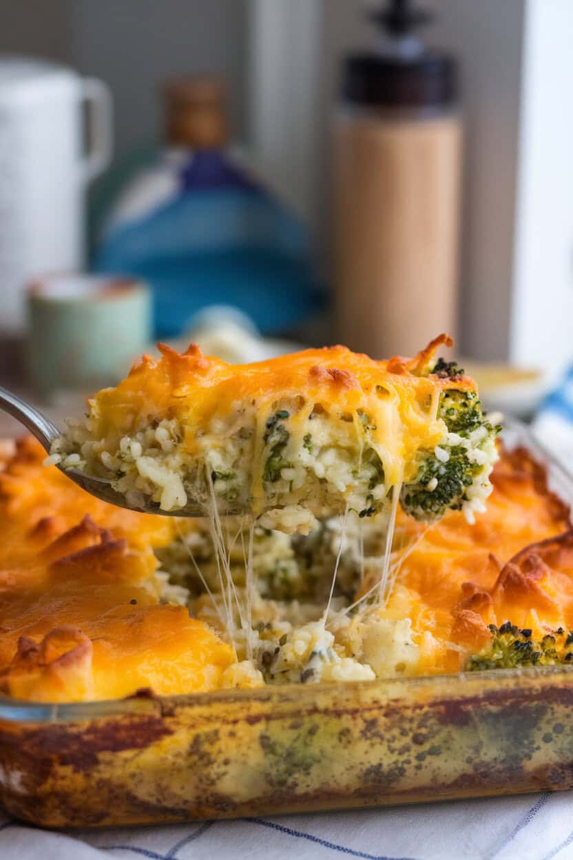 Cozy indoor scene of a baking dish piled high with broccoli cheddar rice casserole, gooey cheese strands connecting spoon to pan. Photo only, no text or logos.