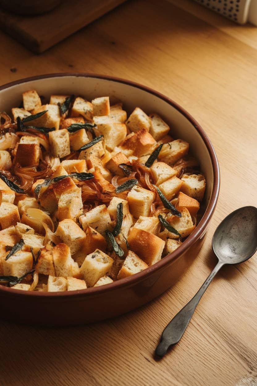 A warmly lit indoor kitchen table featuring a large ceramic baking dish filled with golden cubes of bread mixed with flecks of green sage and caramelized onions, a serving spoon resting on the side. No text or logos in view, photo only.