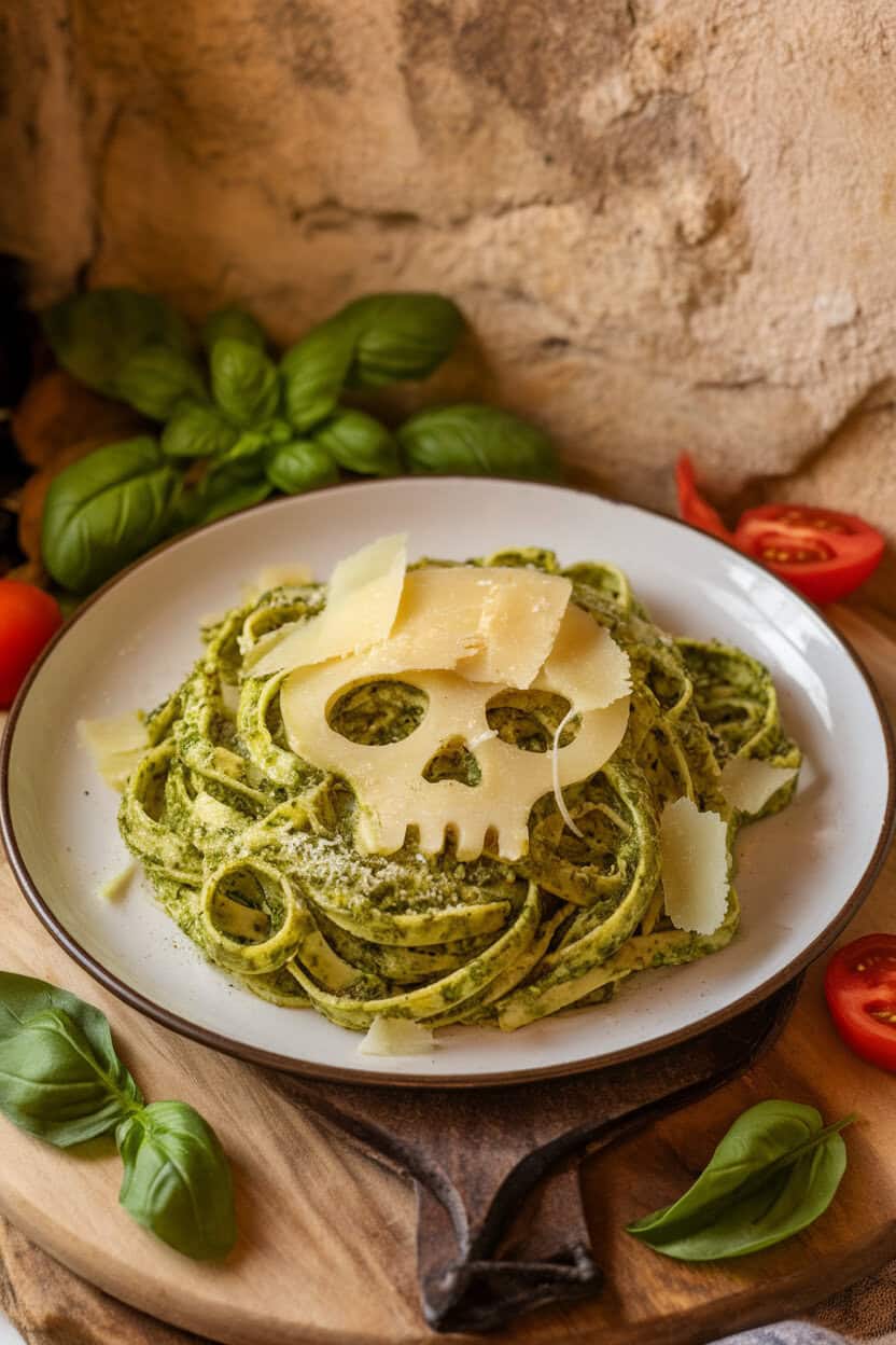 A warmly lit indoor plate of spinach fettuccine coated in basil pesto, topped with shaved Parmesan “fangs.” No text or logos present; photo.