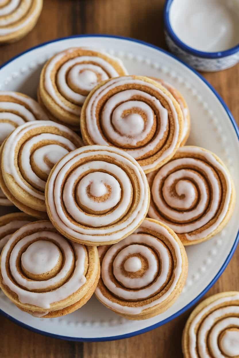 An indoor shot showing spiral cookies swirled with cinnamon sugar glaze, a small bowl of icing glaze off to side. No text or logos.