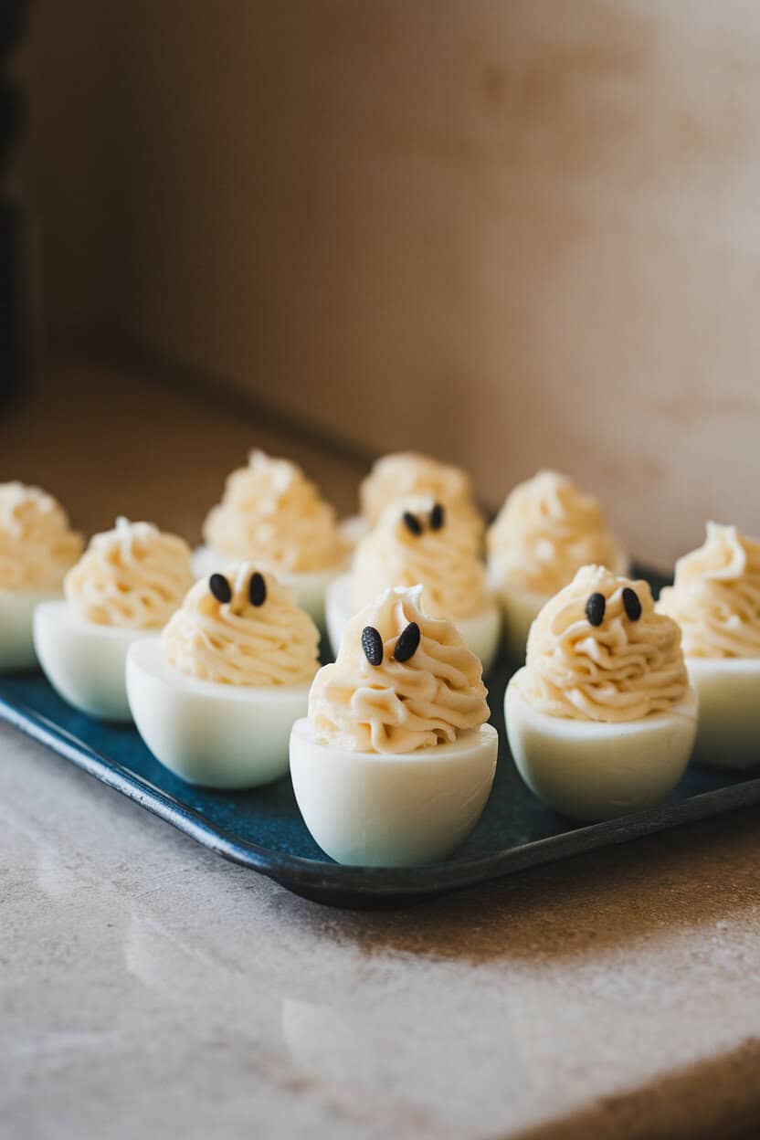 A tray on a kitchen counter holding deviled eggs with whipped filling piped high and two tiny black sesame “eyes,” creating a ghost silhouette. Indoor lighting, no text or logos. Photo only.