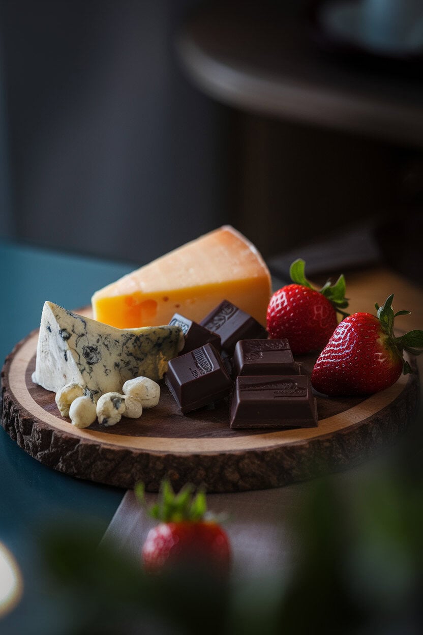 Indoor photo of dark chocolate squares next to blue cheese, aged gouda, and fresh strawberries on a walnut board, moody side lighting, no logos.