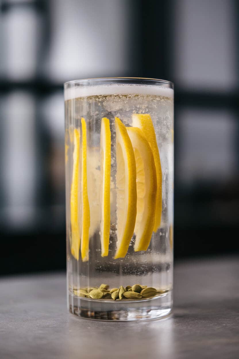Photo of a tall Collins glass indoors, clear drink with vertical lemon slices, tiny cardamom pods visible at bottom, fizzy top layer. No text or logos.