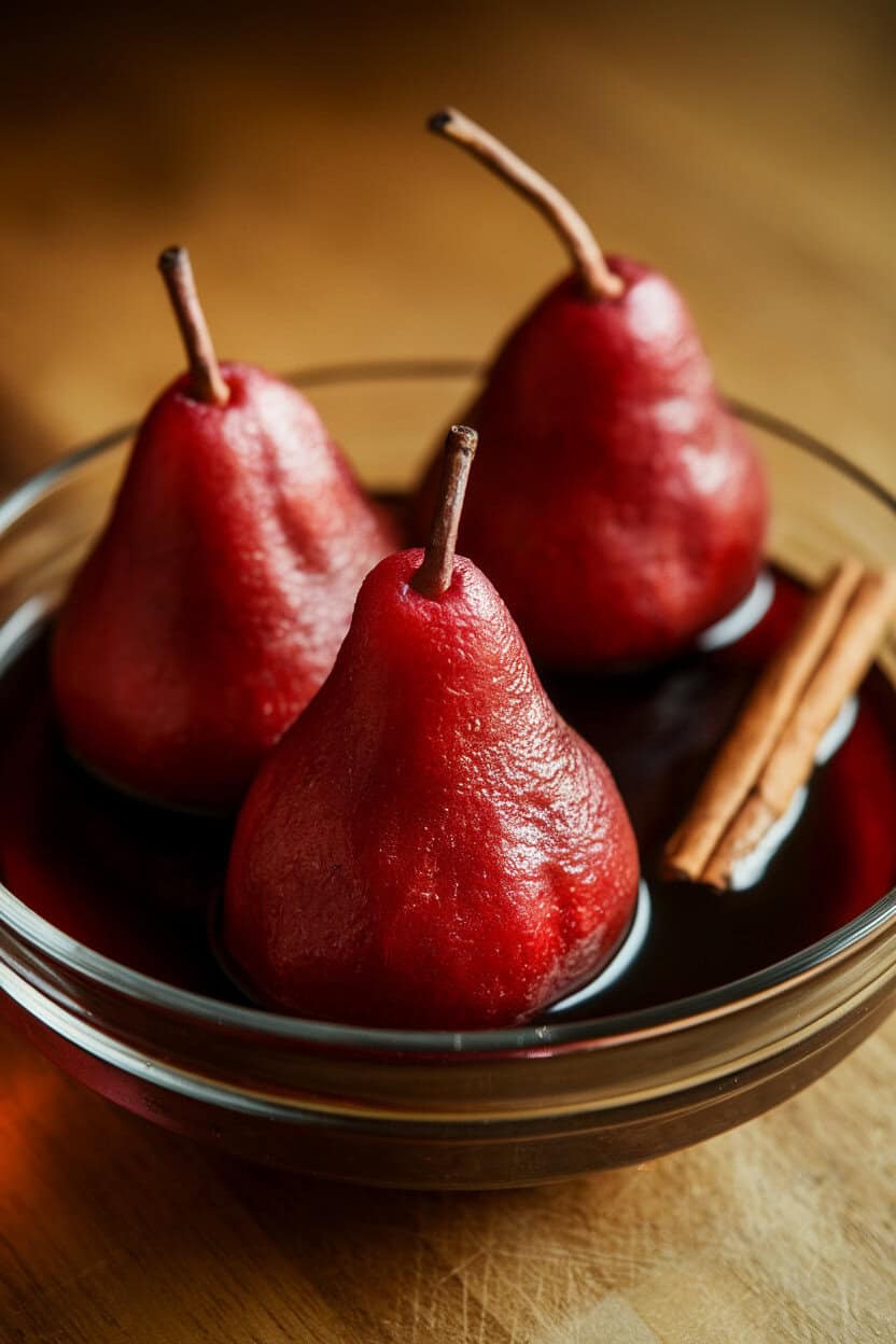 Indoor photo of ruby-red poached pears in a shallow bowl of spiced wine syrup, cinnamon stick visible. No text or logos.