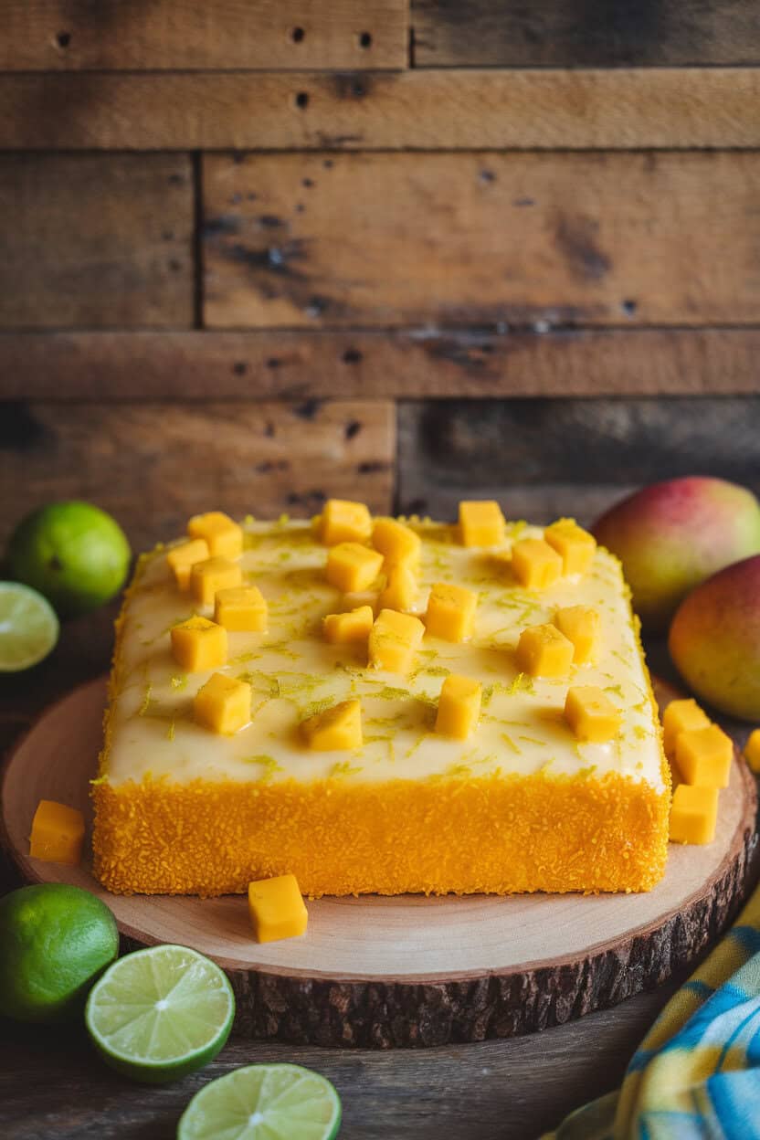 Indoor photo of a vibrant yellow sheet cake topped with lime zest-flecked glaze and small mango cubes, no text or logos