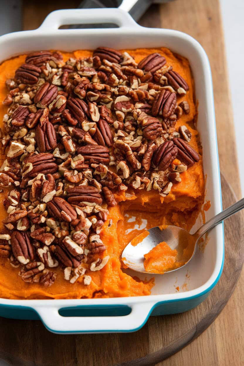 Photo of an indoor casserole dish with creamy orange sweet potatoes topped by a crunchy pecan streusel, spoonful removed to show texture, no text or logos.