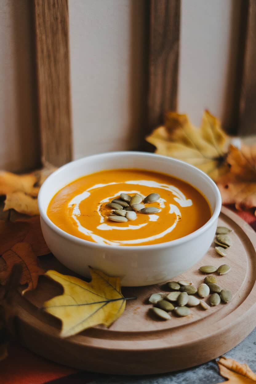 A bowl of velvety butternut squash soup swirled with cream, garnished with pumpkin seeds, indoors. No text or logos. Photo, not illustration.