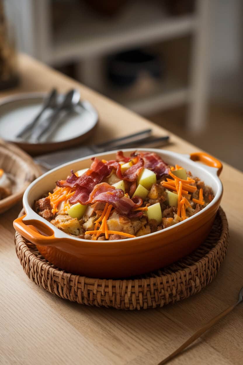An indoor wooden table with a casserole of stuffing showing crispy bacon, diced apple, and melted cheddar strands. No text or logos; photo only.