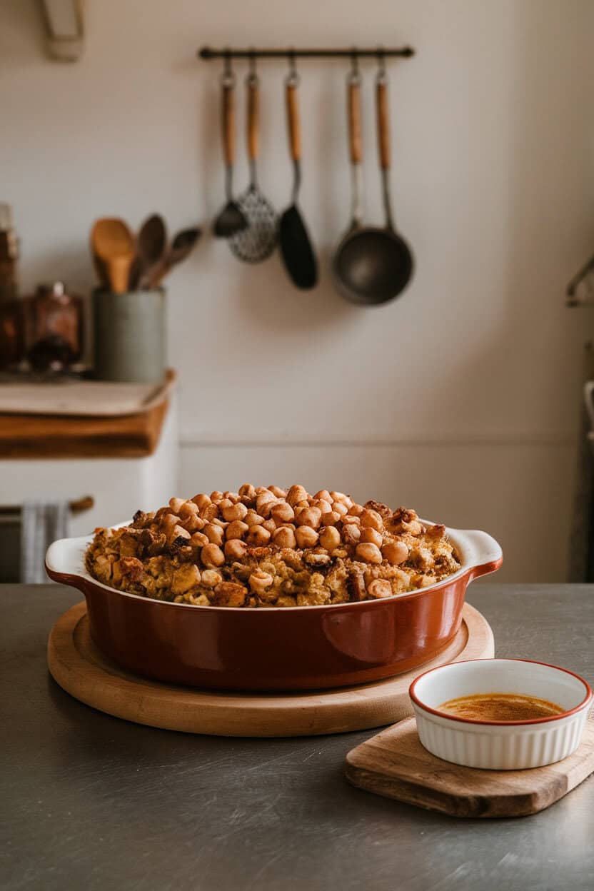 An indoor counter with a casserole of stuffing topped by toasted hazelnuts, a small dish of browned butter beside it. No text or logos; photo, not illustration.
