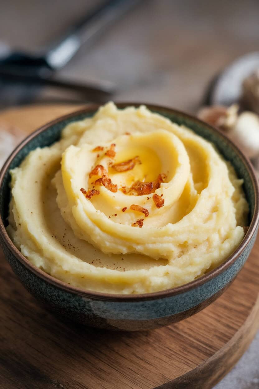 An indoor bowl piled high with creamy mashed potatoes, a swirl of melted butter on top and flecks of roasted garlic—no text or logos.