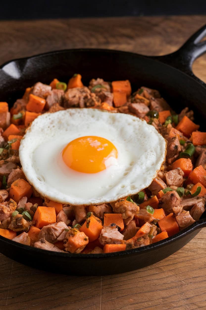 Cast-iron skillet of turkey and sweet potato hash topped with a fried egg, shot indoors with moody lighting, no text or logos.