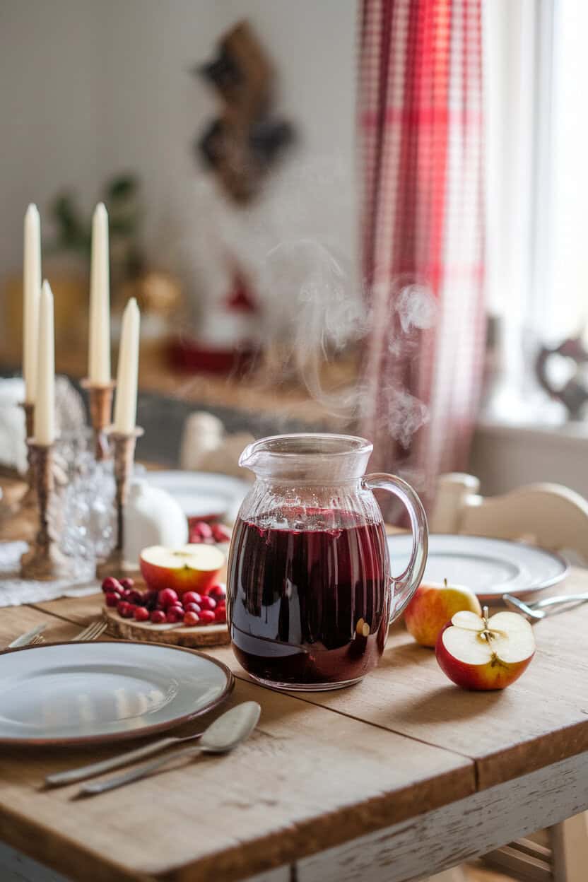 An indoor farmhouse table holding a pitcher of Mulled Wine Sangria, steam wafting, sliced apples and cranberries visible within deep red liquid; no text or logos; photo
