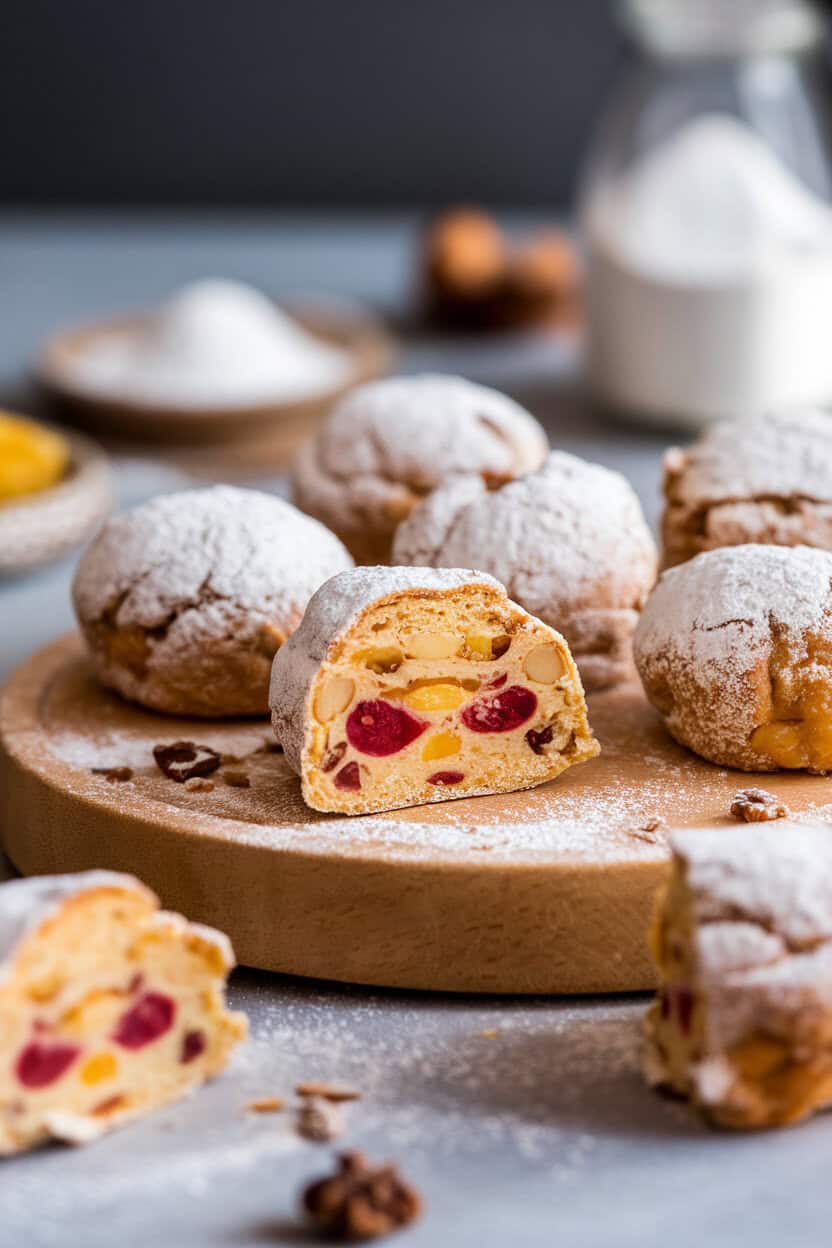 A wooden indoor board with small powdered sugar-coated stollen bites revealing candied fruit and almond paste centers. No text or logos. Photo, not illustration.