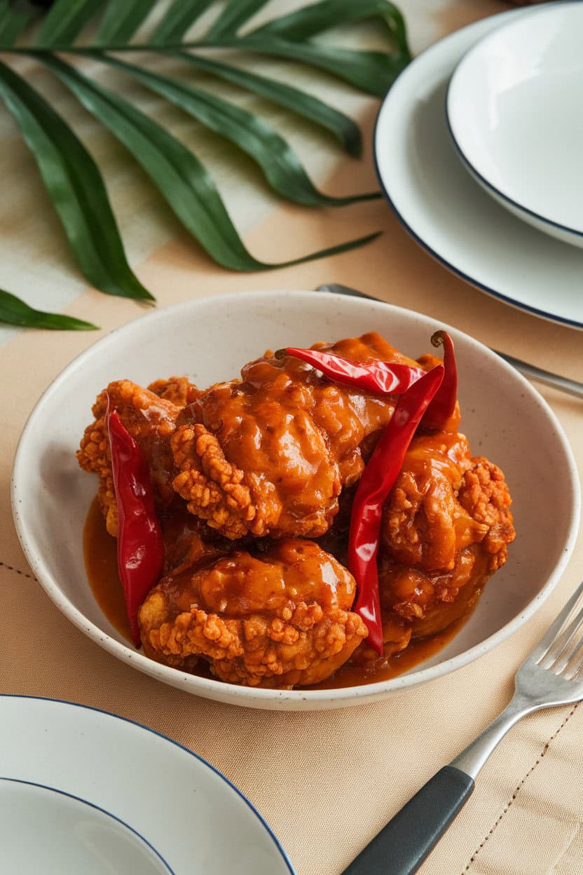 A shallow white bowl on an indoor dining table filled with crispy battered chicken coated in glossy General Tso’s sauce, red chili peppers visible; no text or logos; photo