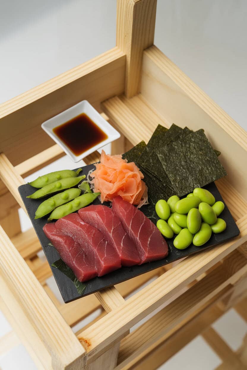 Indoor photo of a board with sushi-grade smoked tuna, wasabi peas, pickled ginger, edamame, and seaweed crackers, bright overhead lighting, no logos.