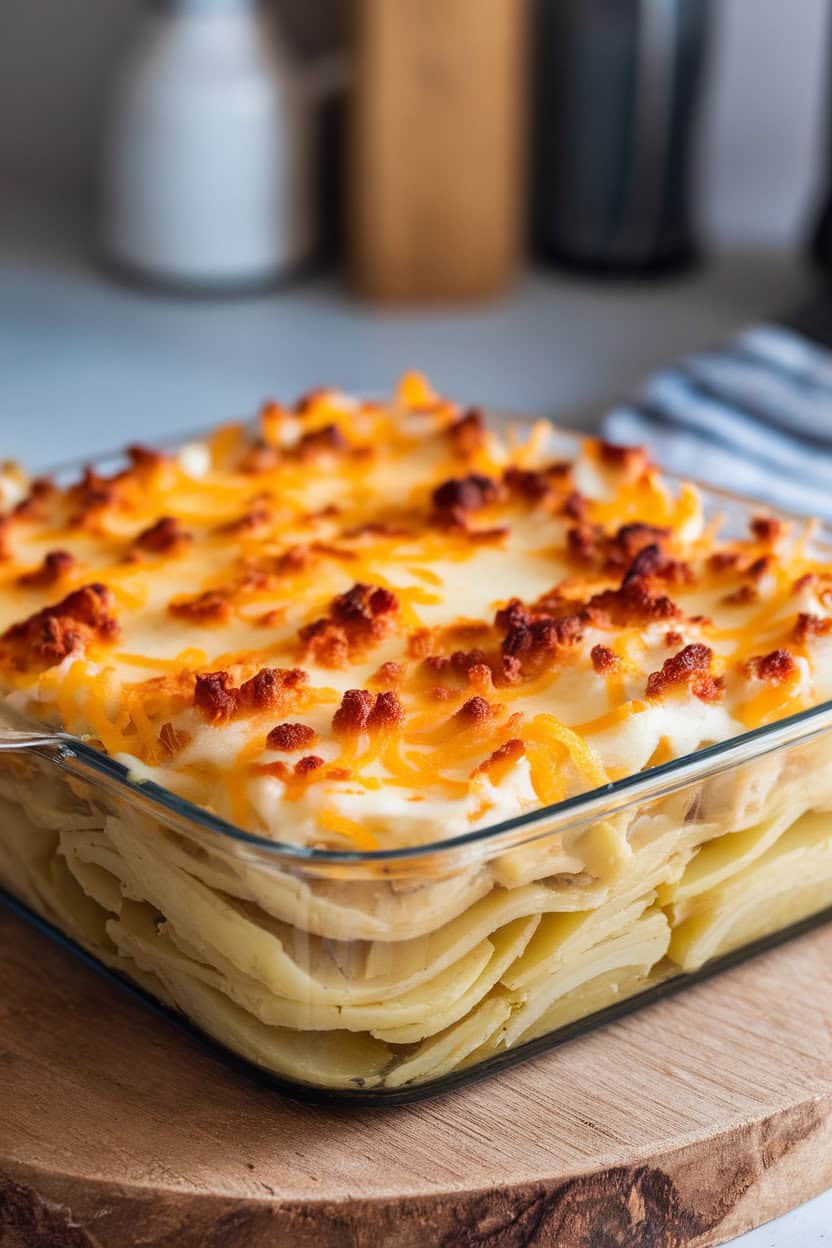 Photo of a baking dish indoors showing thin potato layers coated in creamy sauce, cheese browned on top, no text or logos.