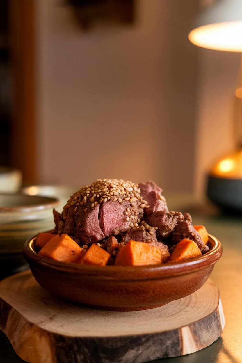 Photo of a bowl of cooked lamb and sweet potato tagine topped with toasted sesame seeds, indoor table, no text or logos.