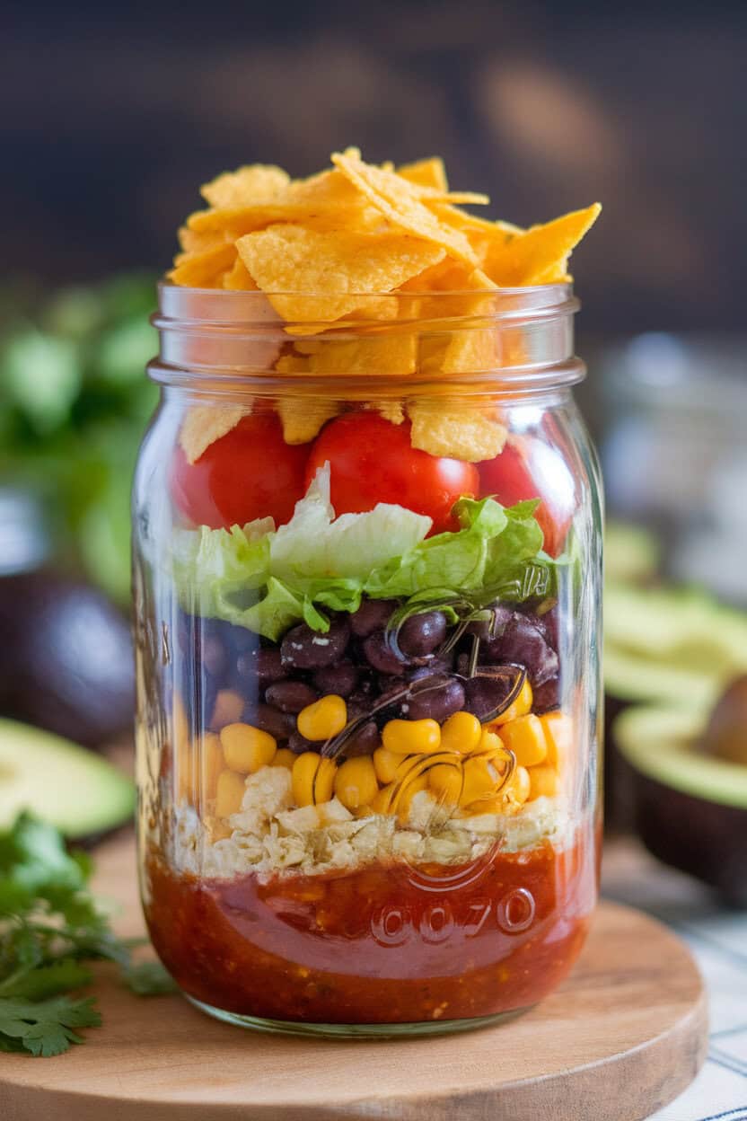 An indoor countertop shot of a mason jar layered from bottom to top with salsa, black beans, corn, lettuce, cherry tomatoes, cheese, and crushed tortilla chips. Photo only, no text or logos.
