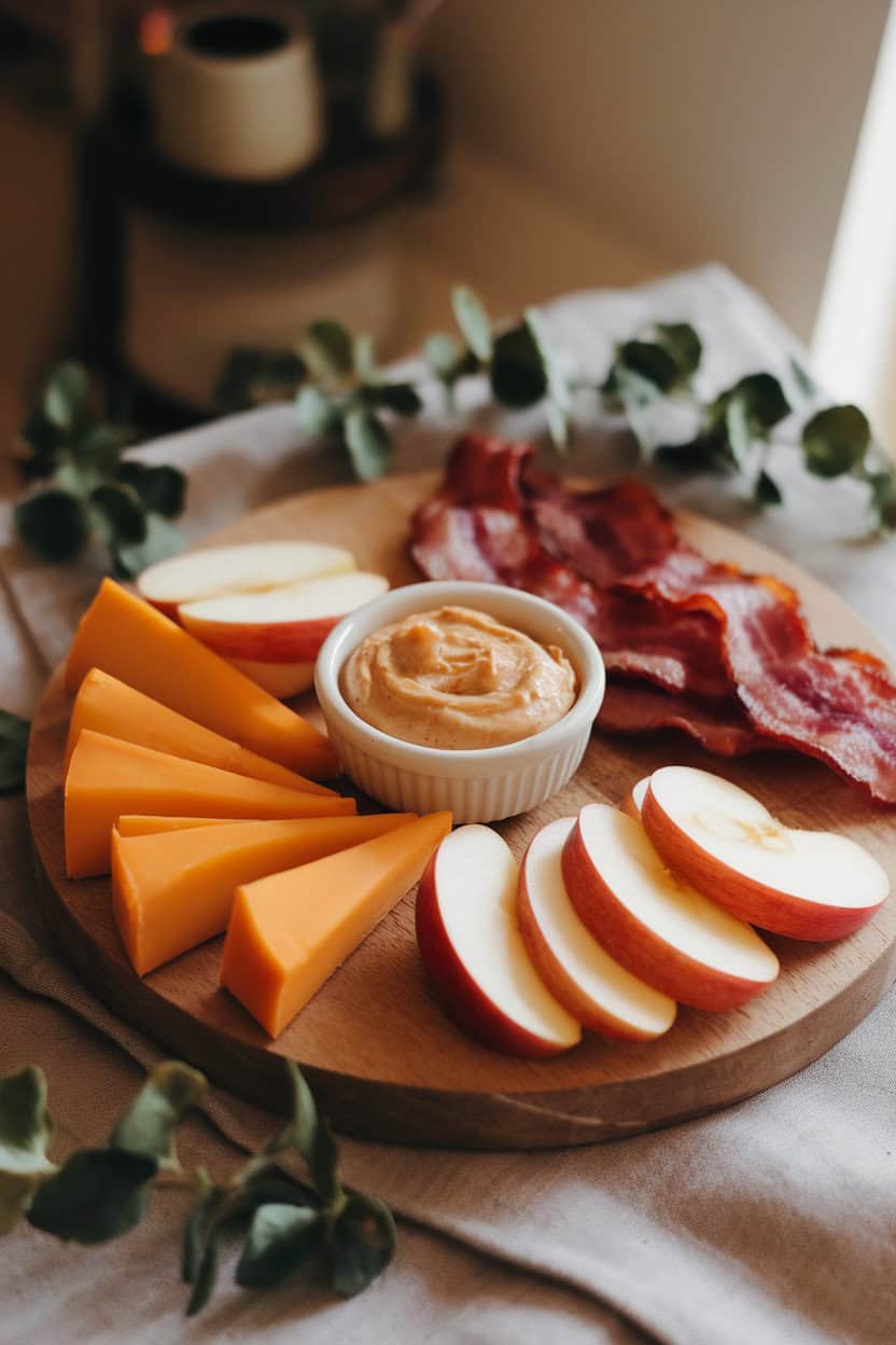 Warm indoor photo of a wooden board holding smoked cheddar triangles, crisp bacon strips, apple rings, and a small bowl of maple-Dijon dip. No text or logos.