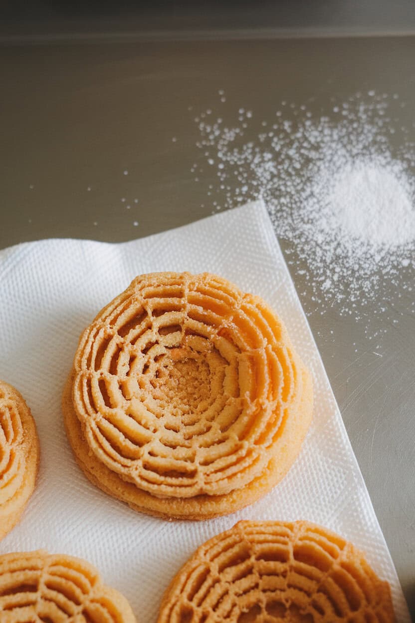 An indoor counter with rosette cookies fresh from the fryer, golden and lacy, resting on paper towels, a dusting of powdered sugar nearby. No text or logos present. Photo, not illustration.