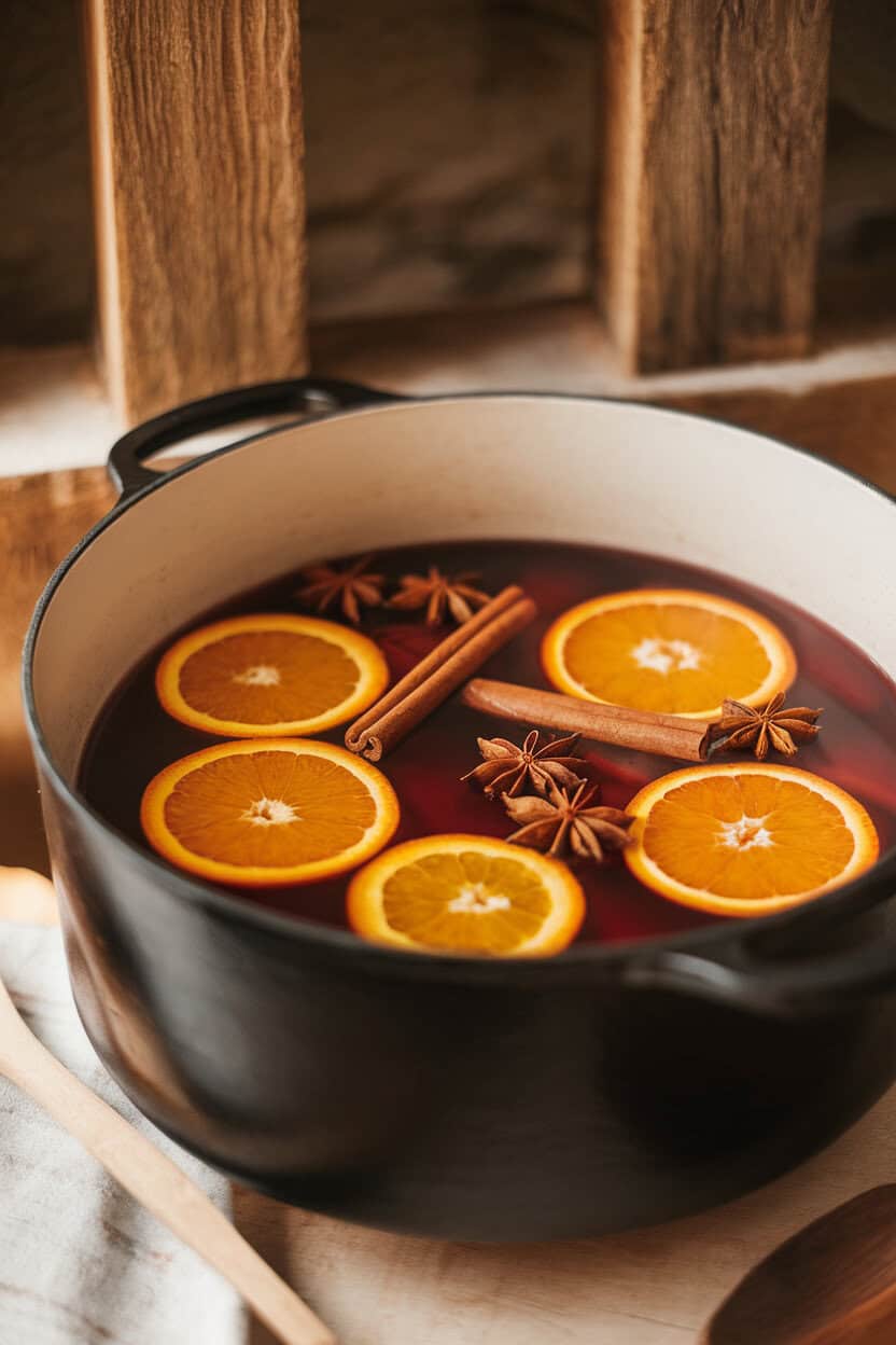 An indoor Dutch oven of mulled red wine with orange slices, cinnamon sticks, and star anise floating on top; photo, no text or logos.