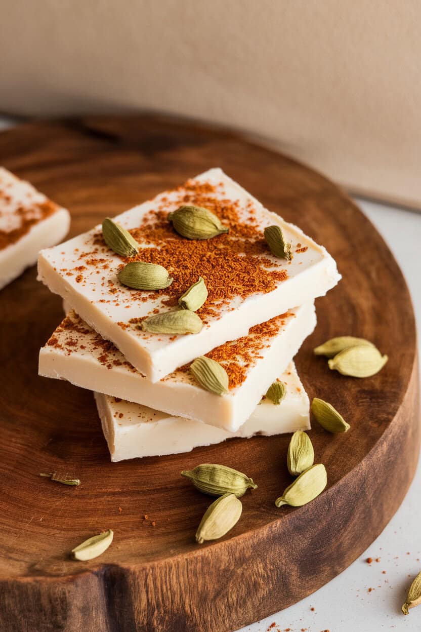 Indoor photo of white-chocolate toffee dusted with chai spices and crushed cardamom pods off to the side for styling. No text or logos.