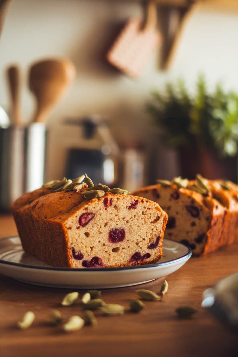 A cozy indoor kitchen counter displaying a sliced date loaf speckled with fruit, cardamom pods sprinkled as garnish, no text or logos. Photo, not illustration.