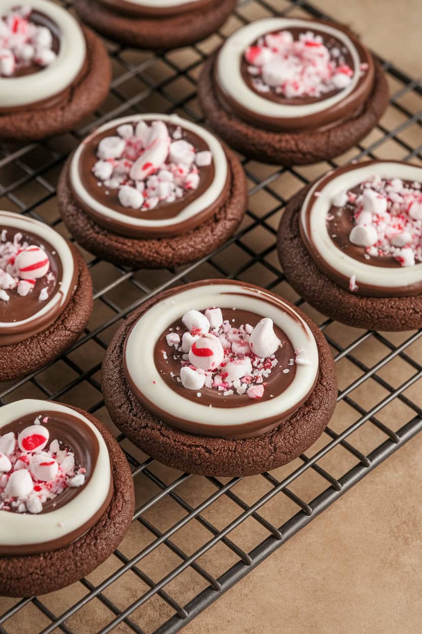 An indoor photo of chocolate cookies topped with swirls of white chocolate and crushed candy cane bits on a cooling rack. No text or logos.