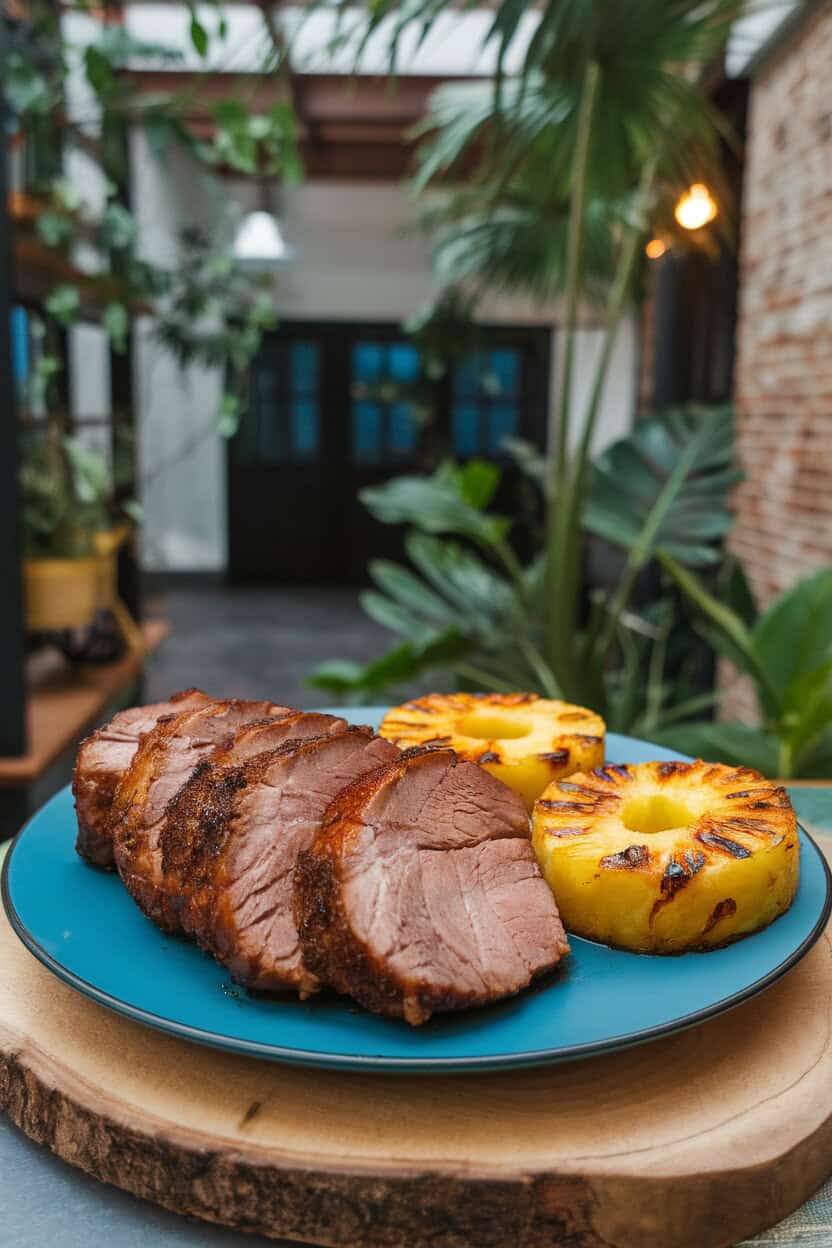 Indoor plate with jerk-spiced pork loin slices, charred pineapple rings on the side; tropical but indoor ambiance, no logos.