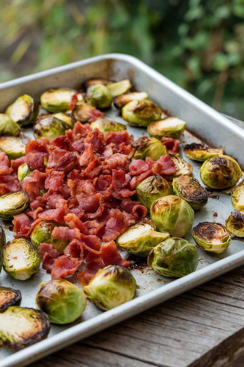 An indoor baking tray of roasted Brussels sprouts mingled with crisp bacon pieces, lightly charred edges visible; photo, no text or logos.