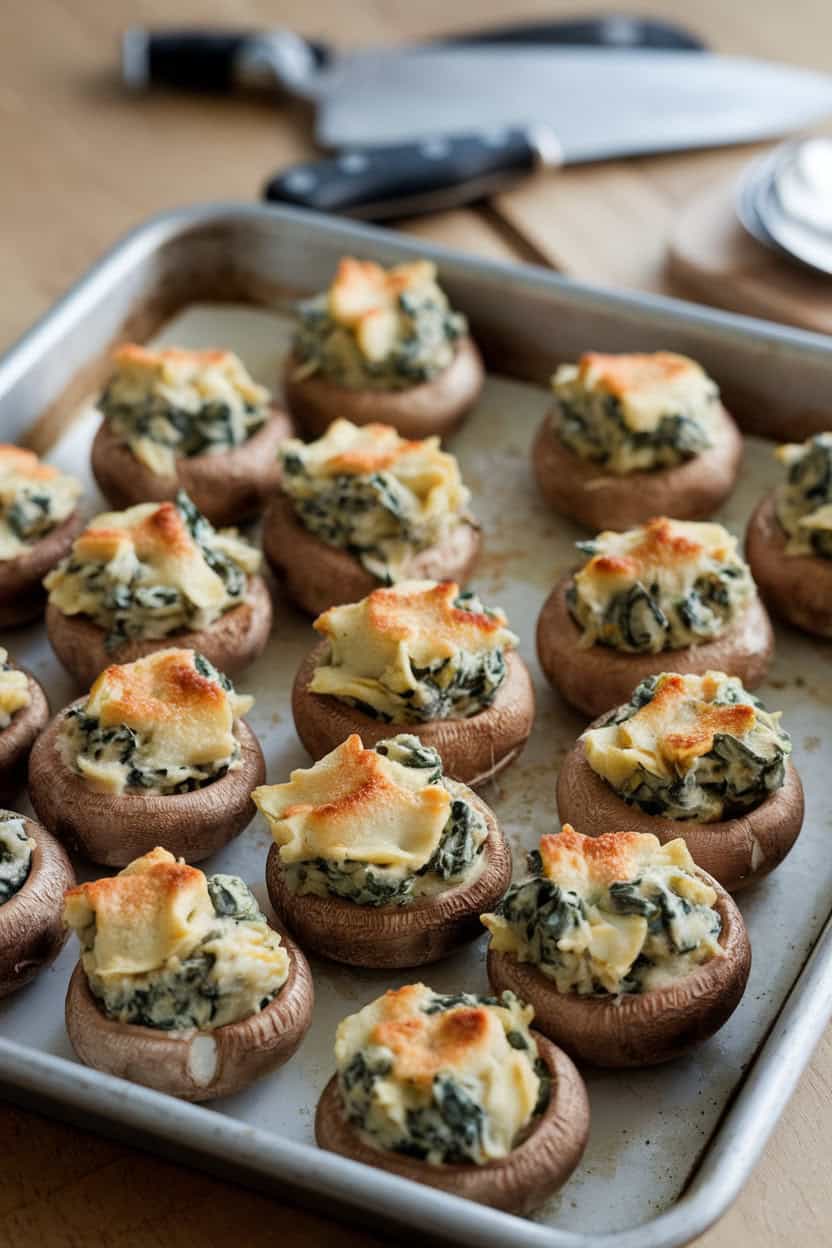 Indoor baking tray displaying mushroom caps overflowing with creamy spinach-artichoke filling, tops lightly browned. No text or logos.