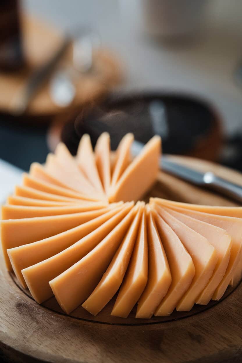 Indoor photo of pale golden smoked Gouda slices arranged in a fan pattern, with wisps of steam hinting at room-temperature warmth. No text or logos.