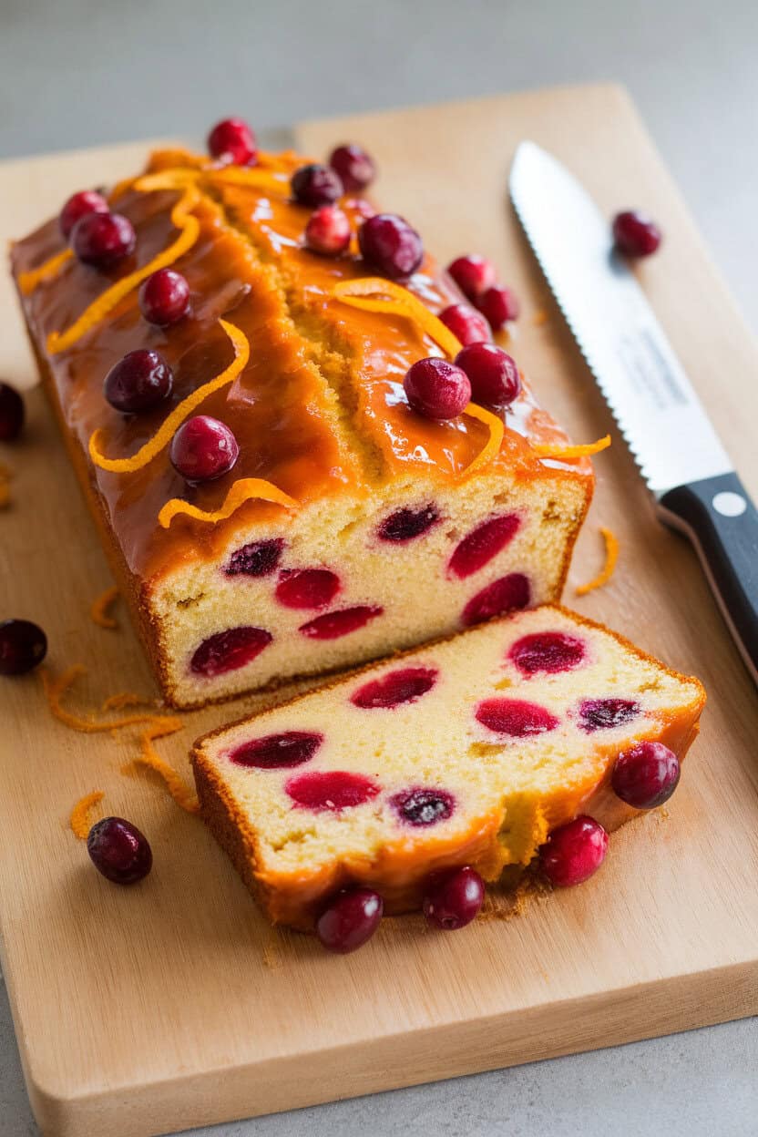 Photo prompt: Indoor cutting board with a glazed loaf cake studded with cranberries and orange zest, a serrated knife nearby, no text or logos.