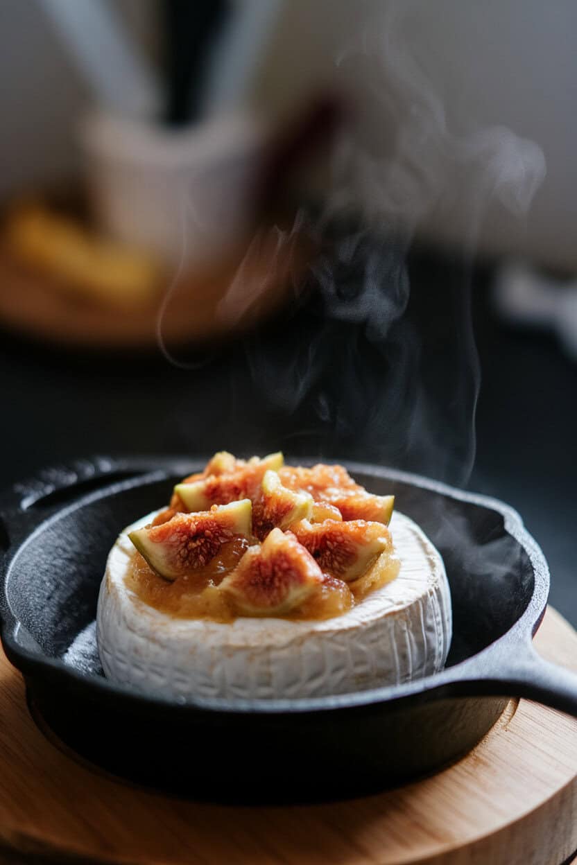 Indoor photo of a small cast-iron skillet holding a just-baked brie topped with pale fig jam, wisps of steam rising. No text or logos.