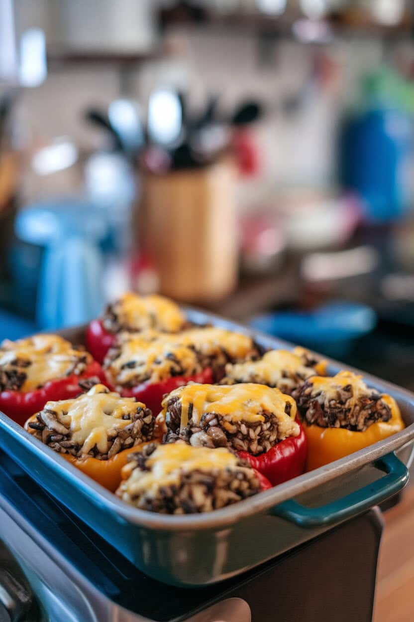 Bell peppers filled with wild rice and mushroom mixture, cheese melted on top, sitting in a baking dish on an indoor counter. No logos; photo, not illustration.